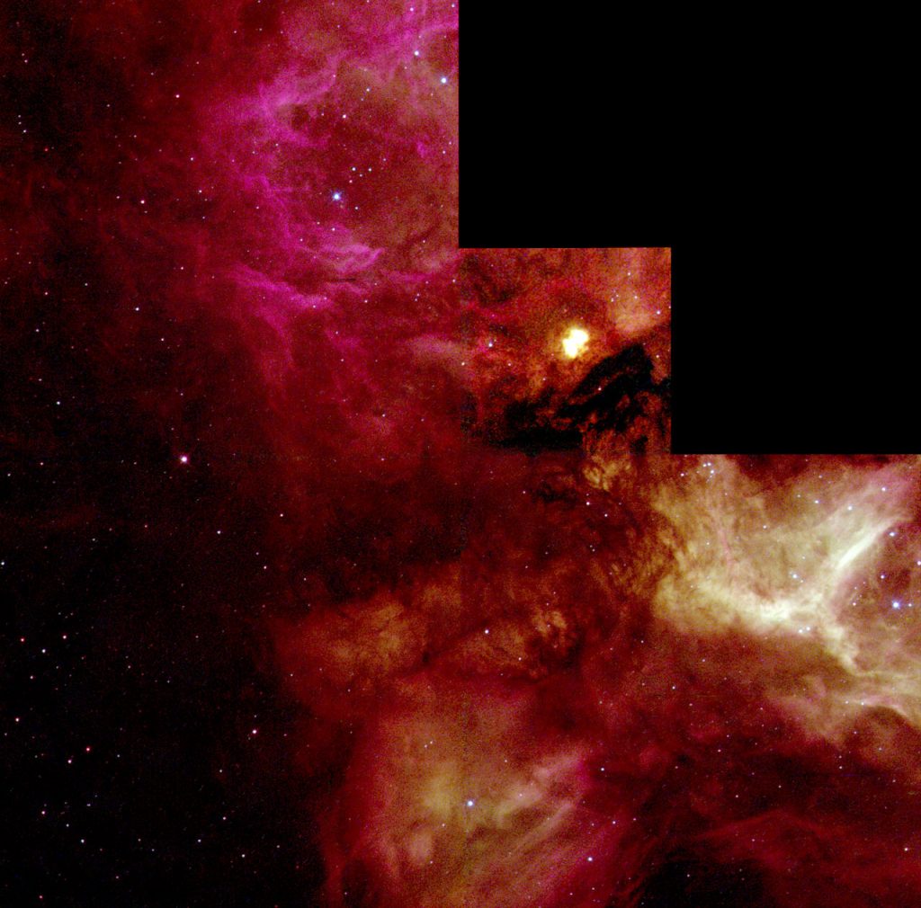 A NASA/ESA Hubble Space Telescope view of a turbulent cauldron of starbirth, called N159, taking place 170,000 light-years away in our satellite galaxy, the Large Magellanic Cloud (LMC). Torrential stellar winds from hot newborn massive stars within the nebula sculpt ridges, arcs, and filaments in the vast cloud, which is over 150 light-years across.